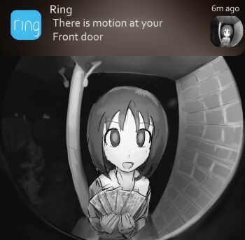 1girl :d absurdres azumanga_daiou camera commentary creepy dark english_commentary english_text fisheye highres holding holding_money kasuga_ayumu liamickpie looking_at_viewer medium_hair meme money night open_mouth partially_colored pov ring_camera sky smile solo someone_is_at_your_front_door_(meme) tagme user_interface