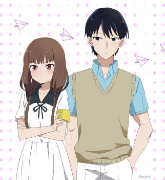 Rule 34 | 1boy, 1girl, black hair, black ribbon, blue shirt, blush, brown eyes, brown hair, brown vest, closed mouth, collarbone, collared shirt, dress, highres, iino miko, ishigami yuu, kaguya-sama wa kokurasetai ~tensai-tachi no renai zunousen~, nana (7kah), neck ribbon, official alternate costume, pants, ribbon, school uniform, shirt, short hair, short sleeves, vest, white background, white dress, white pants