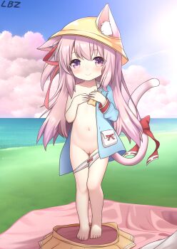 1girl animal_ear_fluff animal_ears azur_lane barefoot bell blue_shirt bow bow_panties cat_ears cat_girl cat_tail cleft_of_venus cloud covering_breasts covering_privates ears_through_headwear feet female_focus flat_chest full_body groin hands_on_own_chest hat highres jingle_bell kindergarten_uniform kisaragi_(azur_lane) legs loli loliconboyz long_hair looking_at_viewer navel ocean off_shoulder open_clothes open_shirt outdoors panties panty_pull pink_eyes pink_hair pussy ribbon school_hat shirt side_ponytail skirt sky smile solo standing tail tail_ornament tail_ribbon thigh_gap thighs toes uncensored underwear unworn_skirt white_panties yellow_hat yellow_skirt