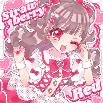 1girl ;d blunt_bangs blush bow brown_hair commentary_request dress earrings english_text frilled_dress frills hair_bow heart highres hiyoko_miya idol jewelry long_hair looking_at_viewer one_eye_closed open_mouth original puffy_short_sleeves puffy_sleeves red_bow red_eyes red_nails red_theme short_sleeves smile solo twintails upper_body wavy_hair white_dress wrist_cuffs