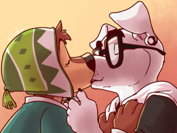 Rule 34 | 2boys, animal crossing, animal ears, bodi (rock dog), brown fur, commentary, dog boy, dog ears, animal nose, earrings, eclipticafusion, english commentary, facing another, floppy ears, furry, furry male, glasses, green hat, hat, jewelry, k.k. slider (animal crossing), kiss, male focus, multiple boys, nintendo, rock dog, white fur, yaoi