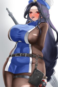 1girl absurdres black_hair black_pantyhose bodystocking braid braided_ponytail breasts commentary_request cross earrings gloves goddess_of_victory:_nikke hat highres jewelry large_breasts long_hair looking_at_viewer maiden_(ice_rose)_(nikke) maiden_(nikke) official_alternate_costume osasa_(osasabeaf) pantyhose red_eyes solo torn_bodystocking torn_clothes very_long_hair white_gloves