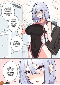 1girl absurdres bag black_bag black_one-piece_swimsuit blush breasts changing_room commentary double-parted_bangs english_commentary english_text hair_between_eyes hand_up head_steam highleg highleg_one-piece_swimsuit highres holding holding_bag indoors large_breasts looking_at_viewer mirui09 one-piece_swimsuit open_mouth original pointing pointing_at_viewer purple_eyes short_hair speech_bubble swimsuit