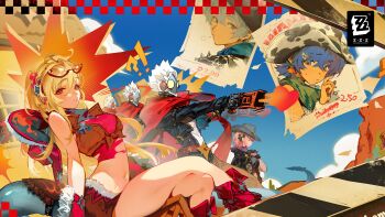 Rule 34 | !?, 2boys, 3girls, absurdres, animal print, artist request, belle (zenless zone zero), billy kid, black hat, blonde hair, blue hair, blue sky, breasts, cissia (zenless zone zero), commentary, cow print, cowboy hat, cowboy western, cowgirl (western), crossed legs, day, english commentary, eyewear on head, grey hair, guest art, hat, heart, highres, holding, holding weapon, humanoid robot, jacket, long hair, multiple boys, multiple girls, official alternate costume, official art, open mouth, pink hair, pointy ears, puff of air, ramiel (zenless zone zero), red eyes, robot, robot boy, short hair, sky, tail, weapon, white hair, wise (zenless zone zero), zenless zone zero