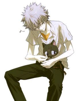 1boy animalization belt black_cat black_pants blush brown_belt cat closed_eyes closed_mouth collared_shirt commentary_request highres ikari_shinji invisible_chair male_focus musical_note nagisa_kaworu neon_genesis_evangelion pants person_and_animalization shirt short_hair simple_background sitting toothfrog white_background white_shirt