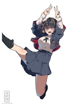 1girl :d arms_up black_boots black_hair black_jacket black_nails black_skirt blush boots breasts collared_shirt double_v fangs hair_between_eyes highres jacket jesternalagon jumping long_sleeves looking_at_viewer medium_breasts messy_hair multicolored_hair nail_polish open_mouth orange_hair original pleated_skirt pointy_ears red_eyes school_uniform shirt shirt_tucked_in short_hair simple_background skirt smile solo streaked_hair thick_eyelashes v vampire white_background white_shirt