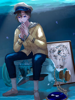 Rule 34 | 1boy, absurdres, air bubble, anchor earrings, bal ctrl z, ballet slippers, blue eyes, blue nails, blue pants, brown hair, bubble, cardigan, clothes writing, commentary request, cuffs, earrings, english text, full body, gem, hair between eyes, handcuffs, hat, highres, iceberg, jewelry, long sleeves, male focus, necklace, newsboy cap, original, pants, personification, ribbed cardigan, rms titanic, sea angel, ship in a bottle, short hair, sitting, solo, titanic (movie), underwater