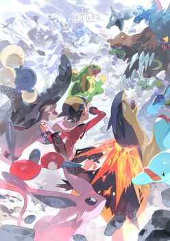 1boy battle bear black_hat black_shorts blue_skin body_fur brown_fur colored_skin donphan e_volution espeon ethan_(pokemon) fire forehead_jewel frog gen_1_pokemon gen_2_pokemon ghost golduck hat holding holding_poke_ball hood hooded_jacket jacket jumpluff larvitar misdreavus mountain nintendo onix phanpy pikachu poke_ball pokemon pokemon_(creature) pokemon_hgss politoed porygon2 purple_fur quagsire red_(pokemon) red_jacket shorts two-tone_hat ursaring yellow_hat