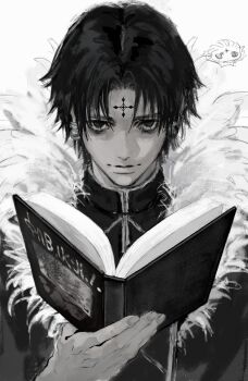 Rule 34 | 1boy, absurdres, book, chibi, chibi inset, chrollo lucilfer, cross tattoo, earrings, forehead tattoo, fur-trimmed jacket, fur trim, greyscale, highres, holding, holding book, hunter x hunter, jacket, jewelry, krgvtkdwvu91585, looking at viewer, male focus, monochrome, open book, short hair, simple background, smile, solo, tattoo, upper body, white background