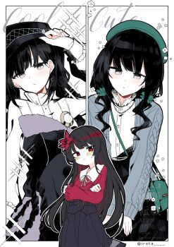 2girls airota bag beret black_hair black_hat black_skirt blush book_off border cardigan closed_mouth collared_shirt commentary_request cowboy_shot crossed_arms flower glint green_bag green_hat grey_cardigan hair_flower hair_ornament hat highres kurobe_nanoka long_hair long_sleeves looking_at_viewer low_twintails lying mahou_shoujo_no_majo_saiban multiple_girls multiple_views neck_ribbon nikaido_hiro official_alternate_costume official_alternate_hairstyle on_back red_eyes red_flower red_shirt ribbon shirt skirt sweatdrop twintails twitter_username white_border white_ribbon white_shirt