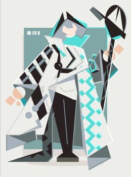 Rule 34 | 1girl, abstract, arknights, belt, black belt, black pantyhose, coat, contrapposto, cubism, dress, facing viewer, flat color, full body, grey hair, head wings, highres, ho'olheyak (arknights), holding, holding staff, long sleeves, minimalism, nikov, pantyhose, pencil dress, short hair, snake tail, solo, staff, standing, straight-on, tail, white coat, white dress, wings
