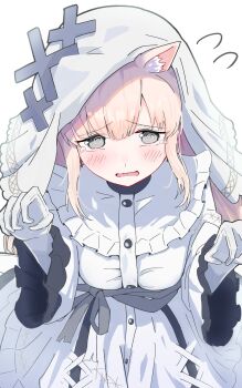 1girl @_@ absurdres animal_ears blonde_hair blush cat_ears commentary_request dress frilled_dress frills gloves grey_eyes h1a0t6 hair_ornament highres hikami_meruru hime_cut long_hair looking_at_viewer magical_girl mahou_shoujo_no_majo_saiban veil white_gloves x_hair_ornament