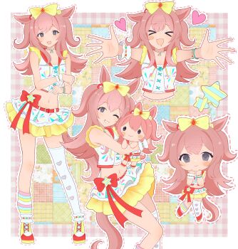 >_< 1girl :3 agnes_digital_(full-color_fangirling)_(umamusume) agnes_digital_(umamusume) animal_ears ankle_cuffs asymmetrical_legwear bead_bracelet bead_necklace beads belt belt_buckle blush blush_stickers border bow bracelet buckle character_cutout character_doll chibi chibi_inset clenched_hands closed_mouth colored_skin colorful_background commentary contrapposto crop_top cropped_torso doll dotted_line double-parted_bangs drooling english_commentary facing_viewer feet_out_of_frame frilled_shirt frills grey_eyes grin hair_bow hand_on_own_arm hands_up heart heart_print highres horse_ears horse_girl horse_tail hugging_doll hugging_object incoming_hug jewelry kneehighs knees_together_feet_apart layered_skirt leaning_back long_hair looking_at_viewer midriff miniskirt mouth_drool multicolored_shoes multicolored_skirt multicolored_socks multiple_views navel necklace one_eye_closed open_hands open_mouth outline outside_border pink_hair plaid_background pleated_skirt pweasy reaching reaching_towards_viewer red_belt red_bow scrunchie shirt single_blush_sticker single_kneehigh single_sock single_thighhigh single_wrist_cuff skirt sleeveless sleeveless_shirt smile socks solid_oval_eyes standing star_(symbol) star_ornament striped_clothes striped_socks tail thighhighs two_side_up umamusume uneven_legwear white_border white_outline white_skin white_thighhighs wrist_cuffs yellow_bow yellow_skirt