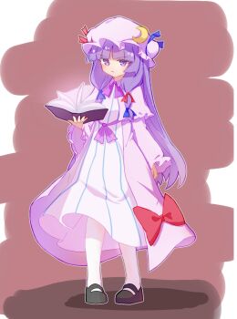 1girl :&lt; black_shoes blue_bow blush book bow bowtie capelet collared_capelet commentary_request crescent crescent_hat_ornament dress forestrylam full_body hair_bow hat hat_ornament highres holding holding_book long_hair long_sleeves looking_at_viewer mary_janes open_book patchouli_knowledge pink_capelet pink_dress pink_hat purple_bow purple_bowtie purple_eyes purple_hair purple_ribbon red_background red_bow ribbon serious shoes sidelocks solo striped_clothes striped_dress touhou