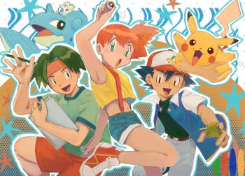 Rule 34 | 1girl, 2boys, aqua shirt, arm up, armpits, ash ketchum, bare legs, baseball cap, belt, black hair, black shirt, blue eyes, blue jacket, blue pants, blue shorts, commentary, denim, denim shorts, feet out of frame, fingerless gloves, gen 1 pokemon, gen 2 pokemon, gloves, green gloves, green hair, hair between eyes, hair intakes, hat, headband, high side ponytail, highres, holding, holding notebook, holding pencil, holding poke ball, jacket, jeans, lapras, leg up, light blush, looking at viewer, midriff, misty (pokemon), multiple boys, navel, nintendo, notebook, open clothes, open jacket, open mouth, orange hair, pants, parted bangs, pencil, pikachu, poke ball, pokemon, pokemon (anime), pokemon (classic anime), pokemon (creature), red shoes, red shorts, shirt, shoes, short hair, shorts, side ponytail, star (symbol), suspenders, untranslatable commentary, tank top, togepi, tracey sketchit, umebosibakari2, yellow tank top