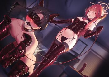 1boy 1girl all_fours animal_ears aru_(blue_archive) ball_gag bdsm black_bustier black_gloves black_thighhighs blindfold blue_archive blush bondage bondage_mittens bondage_outfit bound breasts brown_hair bustier collar dildo dominatrix elbow_gloves fake_animal_ears femdom gag gloves halo holding holding_leash holding_riding_crop horns human_dog indoors katsuten leash long_hair medium_breasts motion_blur motion_lines pet_play red_hair riding_crop sadism sex_toy thighhighs yellow_eyes
