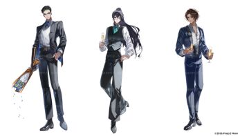 3boys absurdres aqua_ascot ascot bell-bottoms black_hair black_jacket black_pants black_shoes bouquet brown_hair champagne_flute collared_shirt commentary_request copyright_notice cross_tie cup dark-skinned_male dark_skin drinking_glass flower heathcliff_(project_moon) high_ponytail highres holding holding_bouquet holding_cup hong_lu_(project_moon) jacket limbus_company long_hair long_sleeves male_focus meursault_(project_moon) multiple_boys nero_hanken official_art pants ponytail project_moon sample_watermark shirt shoes simple_background standing standing_on_one_leg very_long_hair watermark white_background white_shirt