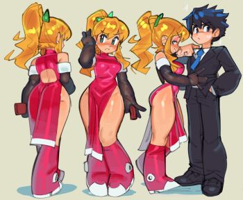 Rule 34 | 1boy, 1girl, aged up, alternative body build, ass, ass focus, blonde hair, boots, breasts, brother and sister, capcom, china dress, chinese clothes, dress, elbow gloves, formal clothes, gloves, green eyes, highres, implied nopan, large breasts, looking at viewer, mega man (character), mega man (classic), mega man (series), multiple views, naughty face, no panties, ponytail, presenting, ribbon, roll (mega man), siblings, simple background, suit, thick thighs, thighs, wamudraws, wide hips