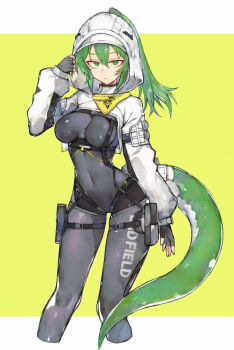 1girl arknights arknights:_endfield babayaga_13lood black_bodysuit black_gloves bodysuit border breasts closed_mouth clothes_writing commentary_request commission covered_navel cropped_legs fingerless_gloves fluorite_(arknights) gloves green_eyes green_hair green_tail hair_between_eyes hair_ornament hairclip highres hood hood_up long_hair long_sleeves looking_at_viewer medium_breasts outside_border partial_commentary pouch simple_background skeb_commission snake_girl snake_tail solo tail thigh_pouch white_border white_hood yellow_background