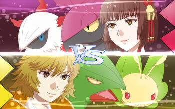 blonde_hair brown_eyes brown_hair eyeshadow gen_3_pokemon gen_5_pokemon hair_between_eyes hair_ornament kobayakawa_takakage_(sengoku_musou) larvesta leavanny lips lipstick makeup medium_hair nintendo okuni_(sengoku_musou) pokemon pokemon_conquest sceptile scolipede sengoku_musou smile vs