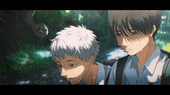 Rule 34 | 2boys, arashi (boom sate225), backpack, bag, black hair, collared shirt, hashtag-only commentary, hikaru ga shinda natsu, indou hikaru, letterboxed, male focus, mole, mole on cheek, mole under eye, mole under mouth, multiple boys, multiple moles, red pupils, shirt, short hair, sweat, tsujinaka yoshiki, twitter username, white hair, white shirt