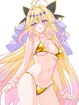 1girl absurdres antenna_hair bikini blonde_hair breasts commentary_request cure_arcana_shadow gold_bikini groin hair_intakes highres large_breasts long_hair meitantei_precure! moria_luluka navel open_mouth paid_reward_available precure purple_eyes purple_veil simple_background solo stomach swimsuit tear_arcana_rod thighs triangle_bikini_top veil very_long_hair warg_game white_background