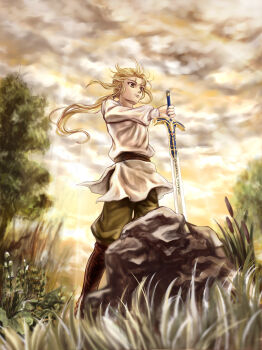 1girl absurdres antatica11 artoria_pendragon_(fate) boots cloud cloudy_sky commentary_request excalibur_(fate/stay_night) fate/stay_night fate_(series) from_below grass green_pants highres knee_boots light_rays pants planted planted_sword planted_weapon ponytail saber_(fate) sky solo sword tree weapon
