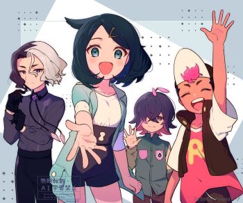 2boys 2girls :d amethio_(pokemon) black_gloves black_hair black_vest blue_eyes blue_jacket closed_mouth dark-skinned_male dark_skin dot_(pokemon) gloves grey_hair hair_between_eyes hair_ornament hair_over_one_eye hairclip highres jacket liko_(pokemon) looking_at_viewer multicolored_hair multiple_boys multiple_girls nintendo nisanrei121 open_clothes open_jacket open_mouth open_vest outstretched_hand pants pink_hair pokemon pokemon_(anime) pokemon_horizons purple_eyes purple_hair roy_(pokemon) shirt short_hair shorts smile split-color_hair to_be_continued vest