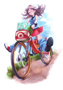 Rule 34 | 1girl, absurdres, basket, bicycle, bicycle basket, blue shirt, blue sky, blue socks, blush, breasts, brown hair, bucket hat, bulbasaur, closed eyes, cloud, commentary, english commentary, flying sweatdrops, gen 1 pokemon, grin, hat, highres, in basket, in container, leaf (pokemon), long hair, loose socks, medium breasts, nintendo, open mouth, pokemon, pokemon (creature), pokemon firered and leafgreen, porkpie hat, red eyes, red skirt, riding, riding bicycle, rinkuu art, shirt, shoes, skirt, sky, sleeveless, sleeveless shirt, smile, socks, teeth, white hat, wristband