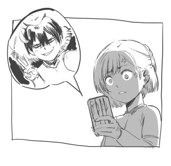 1boy 2girls age_difference anger_vein angry black_hair cellphone club3 constricted_pupils final_fantasy final_fantasy_xiv fur_trim greyscale lips medium_hair monochrome multiple_girls phone short_hair shota smartphone smirk smug v y'shtola_rhul