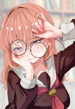 1girl absurdres animal_ears black-framed_eyewear blurry blurry_background blush breasts brown_dress commentary_request crooked_eyewear dress embarrassed glasses half-closed_eyes hand_on_own_cheek hand_on_own_face hasu_no_sora_school_uniform highres hinoshita_kaho indoors jin_(oihlf) library link!_like!_love_live! long_sleeves love_live! medium_breasts medium_hair neckerchief nervous_sweating orange_hair red_neckerchief round_eyewear sailor_collar sailor_dress school_uniform solo sweat two_side_up upper_body virtual_youtuber white_sailor_collar winter_uniform