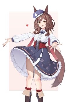 1girl absurdres agapa animal_ears belt_bag blue_hat blush border bow breasts brown_hair ear_covers ear_ornament ears_through_headwear hair_ornament hairclip hat highres horse_ears horse_girl horse_tail looking_at_viewer matikanetannhauser_(panpaka_tiltott)_(umamusume) matikanetannhauser_(umamusume) medium_breasts medium_hair multicolored_hair newsboy_cap open_mouth simple_background smile solo streaked_hair tail thighs tilted_headwear umamusume white_border