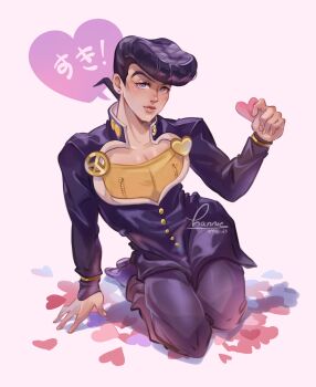 1boy anchor_ornament blue_eyes brooch coat commentary dated diamond_wa_kudakenai earrings english_commentary full_body gakuran heart heart_brooch higashikata_josuke high_collar highres holding jewelry jojo_no_kimyou_na_bouken kneeling looking_at_viewer male_focus pants peace_symbol pompadour purple_coat purple_eyes purple_hair purple_pants school_uniform seiza shirt signature sitting solo stud_earrings thehanniebunny translation_request valentine yellow_shirt zipper