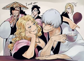 Rule 34 | 2girls, 3boys, alternate universe, beard, black hair, bleach, bleach: sennen kessen-hen, bottle, breasts, cleavage, closed eyes, commentary, cup, elli forelli, english commentary, english text, eyepatch, facial hair, glasses, glint, haori, hat, head rest, hetero, holding, holding cup, ichimaru gin, ise nanao, japanese clothes, jewelry, kira izuru, kyouraku shunsui, large breasts, matsumoto rangiku, mole, mole under mouth, multiple boys, multiple girls, necklace, no mouth, no nose, opaque glasses, pink scarf, pouring, round eyewear, sake bottle, scarf, snake mouth, straw hat, taichou haori, teacup, watermark, web address