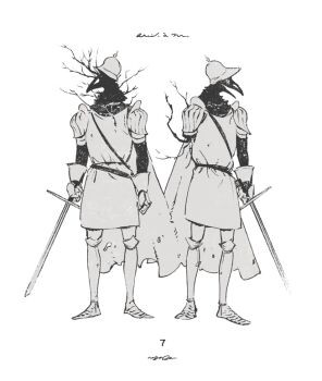 2boys armor bird_boy combat_helmet commentary_request feathers full_body furry furry_male gauntlets greyscale helmet holding holding_sword holding_weapon male_focus monochrome multiple_boys nagabe original pickelhaube simple_background standing sword tunic weapon white_background