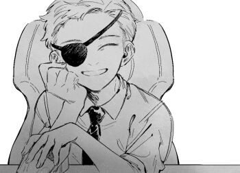 1boy closed_eyes cup drinking_glass evil_morty eyepatch morty_smith necktie one_eye_covered rick_and_morty short_hair simple_background smile solo