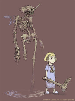 00s 1girl 2007 alpha_gamboa amputee artist_name blonde_hair blue_dress brown_background child commentary dress full_body glyph holding hospital_gown jewelry leg_removed marie_ann marie_anne monster necklace open_mouth original proteus_joe red_eyes short_hair short_sleeves simple_background skeleton slippers standing standing_on_one_leg walking