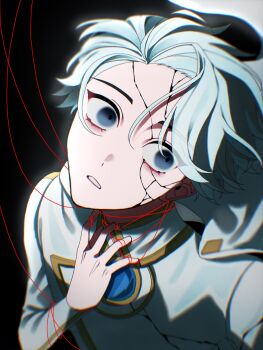 1boy blank_stare blue_eyes brooch cape clawing close-up cracked_skin flamingo_0515 hand_on_own_chest highres jewelry looking_at_viewer male_focus nice_(to_be_hero_x) noose parted_lips puppet_strings short_hair solo string string_of_fate to_be_hero to_be_hero_x white_cape white_hair wide-eyed