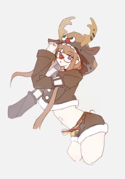 1girl :o animal_costume animal_hood antlers bell brown_hoodie brown_shorts choker christmas cropped_hoodie cropped_legs detached_sleeves glasses hand_up highres hood hoodie horns jingle_bell long_hair looking_at_viewer midriff navel neck_bell open_mouth orange_hair persona persona_5 purple_eyes red_nose reindeer_costume reindeer_hood sakura_futaba short_shorts shorts simple_background solo stomach very_long_hair white_background zhi_zai_chi_shenme