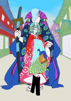 1boy 1girl aqua_hair commentary_request datehyogo denjirou_(one_piece) full_body hair_ornament highres holding holding_hands holding_sword holding_weapon japanese_clothes kanzashi kimono kouzuki_hiyori nihongami oiran one_piece outdoors pompadour red_kimono sandals sidelocks smile sword weapon wide_sleeves ysnfjkw