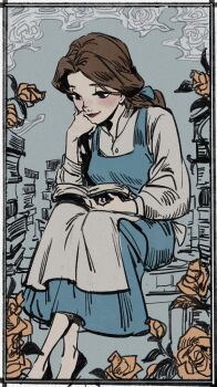 1girl animification beauty_and_the_beast_(disney) belle_(disney) book brown_eyes brown_hair dress flower full_body highres holding holding_book long_hair masso ponytail reading rose smile tagme