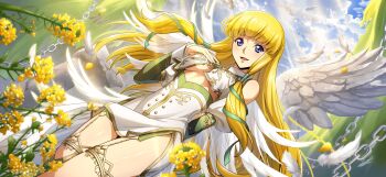1girl bare_shoulders blonde_hair blue_eyes blunt_bangs blush breasts code_geass code_geass:_lost_stories detached_sleeves dress feathers flower green_ribbon hair_ribbon highres jewelry monica_kruszewski non-web_source official_alternate_costume official_art ribbon solo thigh_strap underboob wings