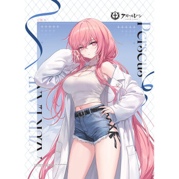 azur_lane blue_shorts breasts character_name cleavage cleavage_cutout closed_mouth clothing_cutout coat copyright_name crossed_bangs denim denim_shorts guchico hand_on_own_hip hand_up large_breasts logo merchandise_available midriff_peek navel official_art open_clothes open_coat perseus_(azur_lane) pink_eyes pink_hair shirt shorts sleeveless sleeveless_shirt white_coat white_shirt