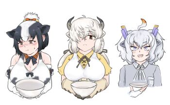 3girls animal_ears animal_print bare_shoulders black_bow black_bowtie black_gloves black_hair black_shirt blush bow bowl bowtie brown_bow brown_bowtie brown_eyes collared_shirt cow_ears cow_girl cow_horns cow_print detached_collar dragon_ears dragon_girl dragon_horns dress elbow_gloves embarrassed extra_ears fang fingerless_gloves frilled_sleeves frills gloves grey_shirt hair_between_eyes hair_bow hair_bun hair_over_one_eye holstein_friesian_cattle_(kemono_friends) horns japari_symbol kemono_friends long_hair long_sleeves looking_at_viewer multicolored_hair multiple_girls open_mouth orange_bow print_gloves print_shirt purple_eyes saja_(166j357) shirt short_sleeves short_twintails sidelocks sleeveless slit_pupils sweatdrop t-shirt twintails two-tone_gloves two-tone_hair two-tone_shirt upper_body wavy_mouth white_bow white_bowtie white_dragon_(kemono_friends) white_dress white_gloves white_hair white_shirt yak_(kemono_friends) yellow_shirt