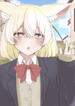 Rule 34 | 1girl, absurdres, animal ear fluff, animal ears, blonde hair, blush, bow, bowtie, brown eyes, commentary, dress shirt, extra ears, fennec (kemono friends), fox ears, highres, jacket, kemono friends, looking at viewer, outdoors, school uniform, shio butter (obscurityonline), shirt, short hair, solo, town, vest, waving