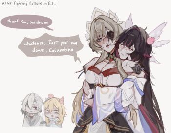 4girls amputee android arlecchino_(genshin_impact) armless_amputee bare_shoulders black_collar black_eyes black_hair black_skirt black_streaks blonde_hair blush breasts cable chibi cleavage closed_eyes closed_mouth collar collarbone columbina_(genshin_impact) commentary cowboy_shot cross-shaped_pupils detached_collar detached_sleeves dress english_text eni_(enidaisy69) eye_mask eyelashes genshin_impact grey_jacket hair_between_eyes hair_over_one_eye hashtag-only_commentary head_bump highres hug hug_from_behind jacket large_breasts long_hair looking_at_another looking_to_the_side lumine_(genshin_impact) mask multiple_girls nose open_mouth purple_hair red_pupils sandrone_(genshin_impact) simple_background skirt speech_bubble symbol-shaped_pupils tearing_up teeth upper_body upper_teeth_only very_long_hair white_dress white_hair white_headdress white_mask white_sleeves winged_hair_ornament yellow_eyes