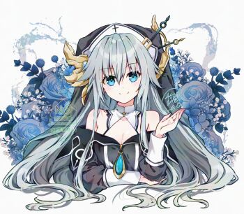 1girl alternate_hair_length alternate_hairstyle bare_shoulders blue_eyes breasts cleavage cross date_a_live dress flower grey_hair honjou_nia honjou_nia_(spirit) hoshibana_anima long_hair long_sleeves looking_at_viewer nun rose small_breasts smile solo