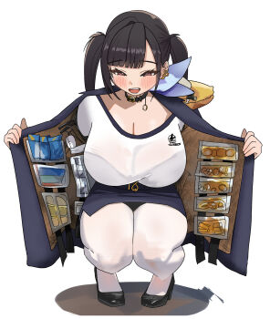 Rule 34 | 1girl, absurdres, bag, belt, black choker, black hair, black jacket, black skirt, blue ribbon, blunt bangs, blush, bra visible through clothes, breasts, brown eyes, choker, cleavage, full body, goddess of victory: nikke, high heels, highres, jacket, large breasts, open clothes, open jacket, open mouth, pencil skirt, ribbon, shadow, shirt, sidelocks, simple background, skirt, solo, sora (nikke), squatting, thighs, tsubatya, twintails, white background, white shirt