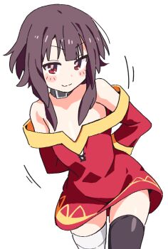 >:) 1girl arms_behind_back bandaged_leg bandages bare_shoulders black_thighhighs blunt_bangs blush_stickers bright_pupils brown_hair closed_mouth commentary cowboy_shot dress kono_subarashii_sekai_ni_shukufuku_wo! looking_at_viewer megumin motion_lines no_headwear noyama_takenoko off-shoulder_dress off_shoulder red_dress red_eyes short_dress short_hair_with_long_locks simple_background single_thighhigh smile smug solo thighhighs tsurime v-shaped_eyebrows white_background zettai_ryouiki