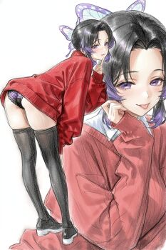 1girl :p ai-chan_(animelovely930) alternate_costume ass bent_over black_hair black_panties black_thighhighs breasts butterfly_hair_ornament hair_ornament highres kimetsu_no_yaiba kochou_shinobu large_breasts long_sleeves multicolored_hair panties pink_eyes purple_hair red_sweater shoes smile sweater thighhighs tongue tongue_out two-tone_hair underwear
